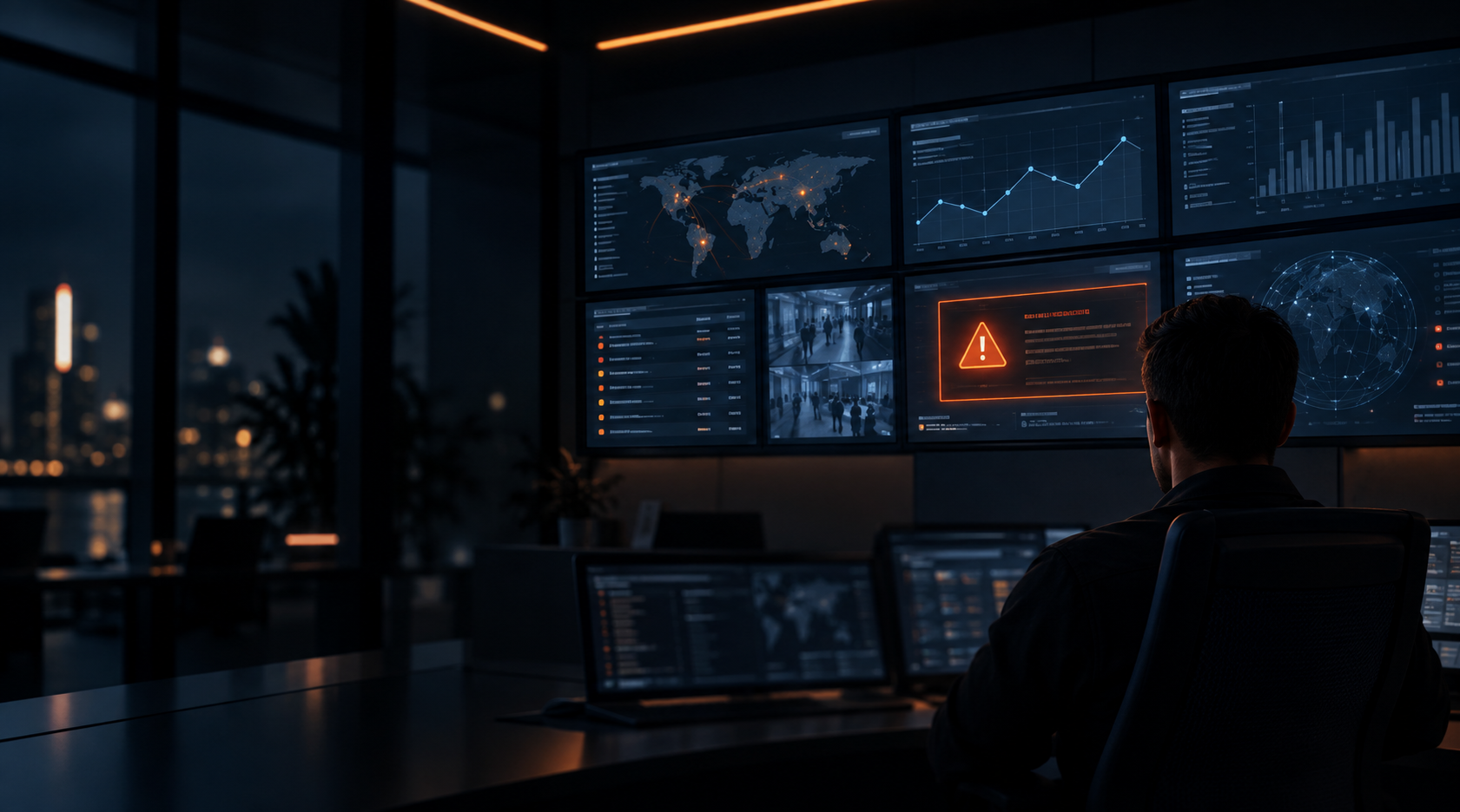 Operator in a darkened control room facing a video wall with maps, charts and a highlighted alert
