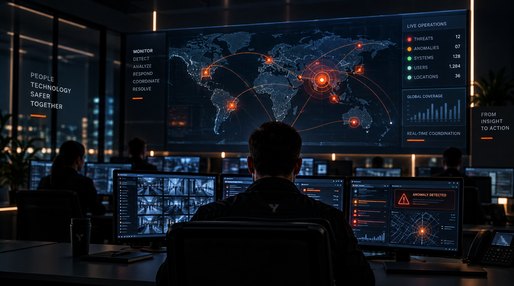 Operations room team monitoring a live global map with threat locations, camera feeds and an anomaly alert