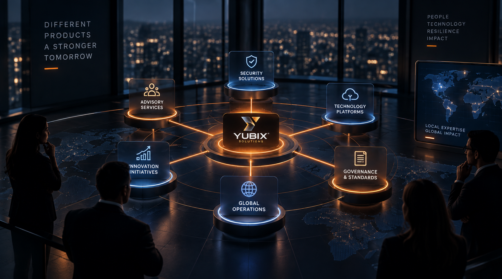 YUBIX hub connected to security, advisory, technology, innovation, governance and global operations, viewed by a team