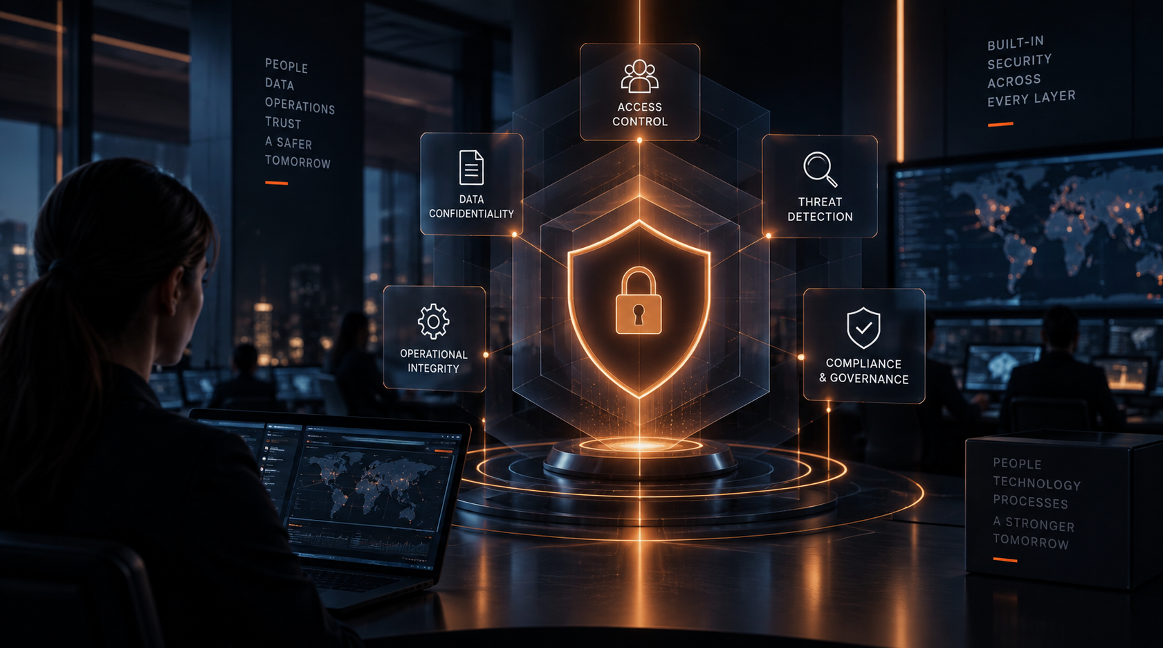 Illuminated security shield surrounded by access control, data confidentiality, threat detection and compliance panels